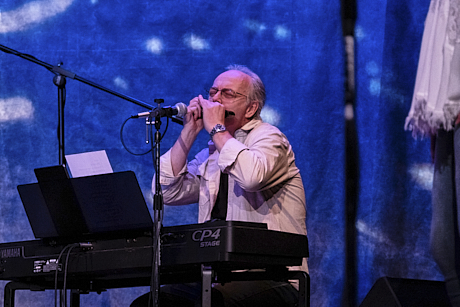 On stage playing harmonica